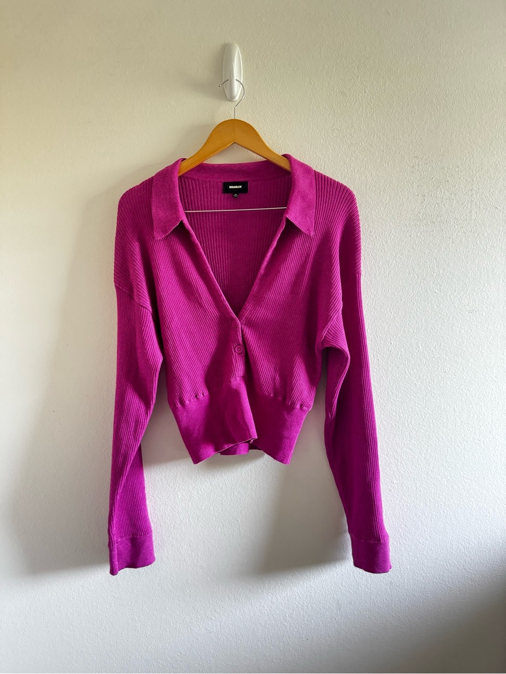 Monrow Twotone Rib Polo Top in Raspberry Rose Color size Medium - Picture 3 of 12